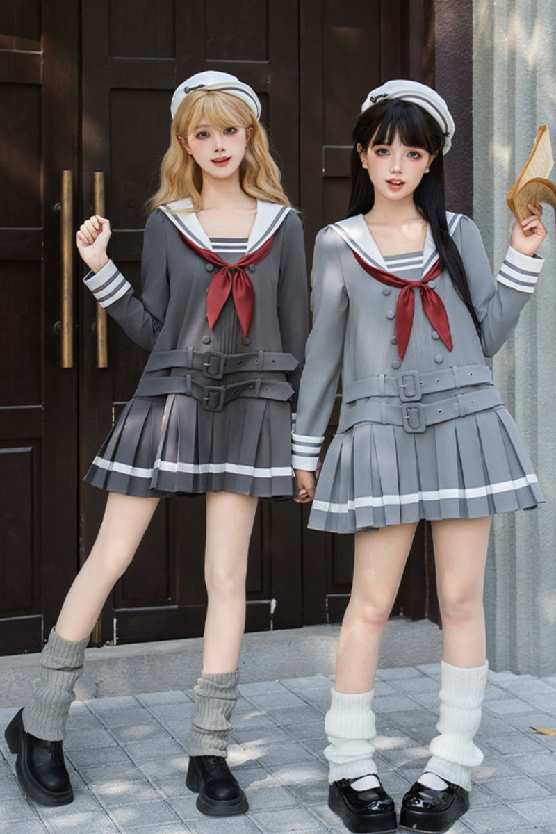 Sailor Collar Pleated College Dress + Ribbon + Hat