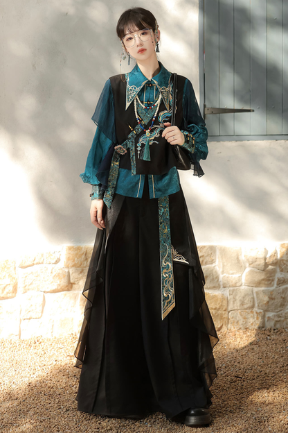 Ruan Chinese-style Top + Vest + Wide Leg Pants + Necklace