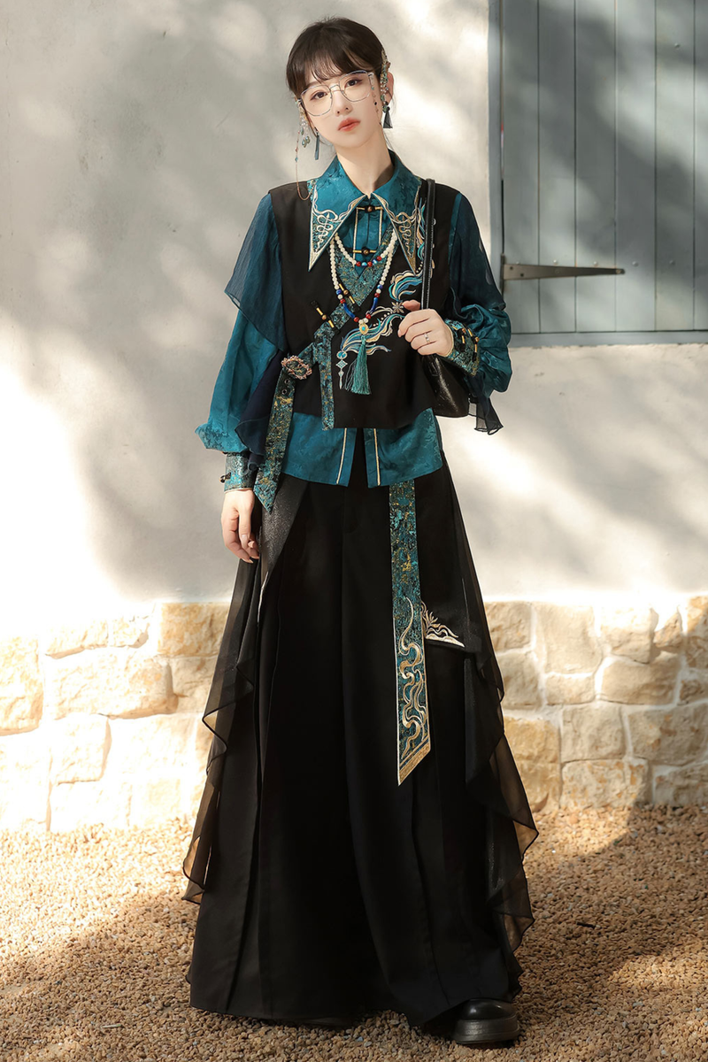 Ruan Chinese-style Top + Vest + Wide Leg Pants + Necklace