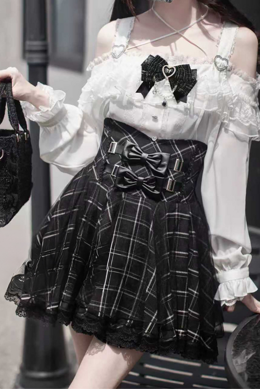 Jirai Off-the-shoulder Shirt + Plaid Skirt (with Inner Pants)
