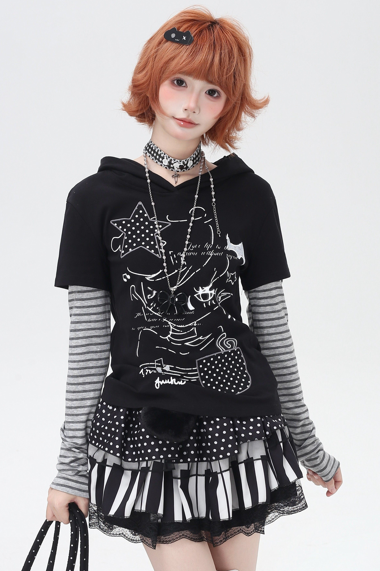 Striped Fake Two Piece Hooded Top