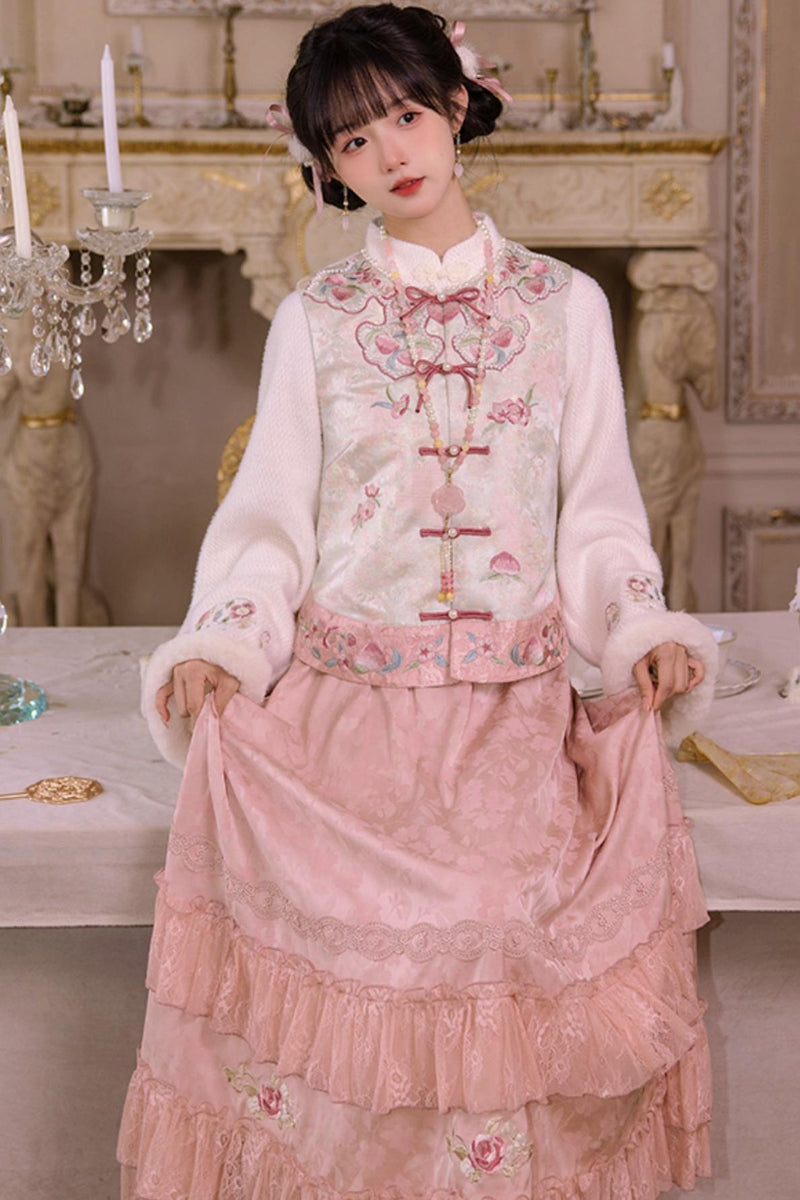 [pre-order] Stand Collar Vest and Lace Skirt Set
