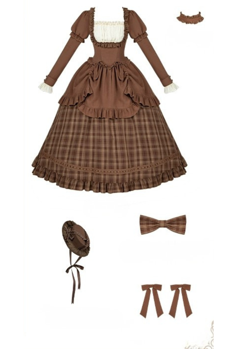 Sweet Checked Doll Dress + 2-way Ribbon + Bow + Hat