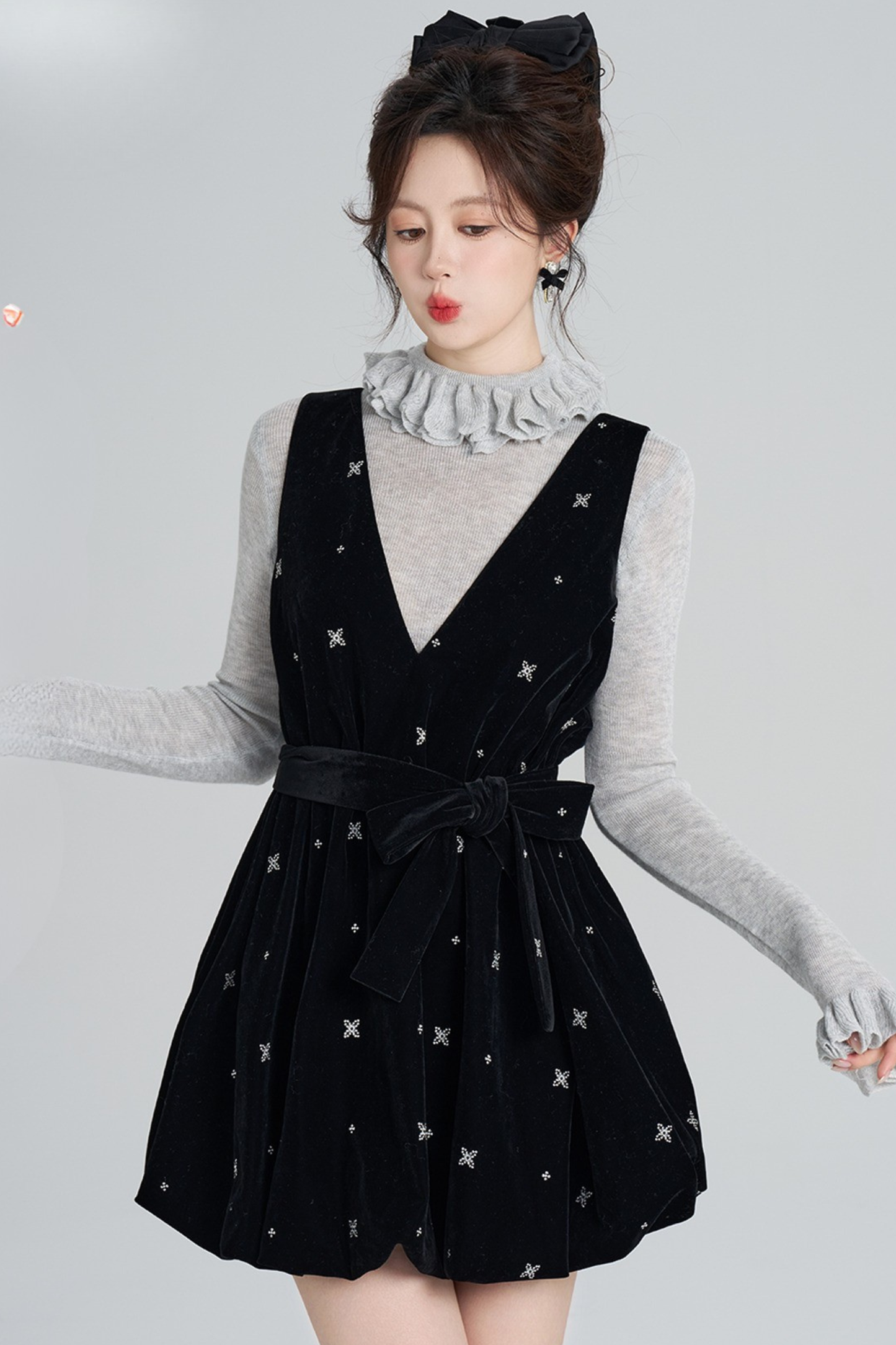 French Black Velvet Ribbon Balloon Dress