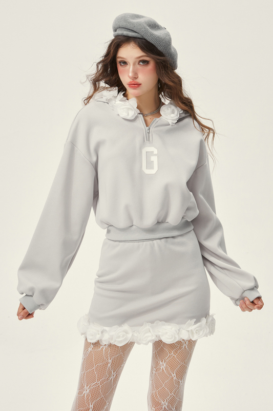 Gray Hooded Top + Ruffle Tight Skirt