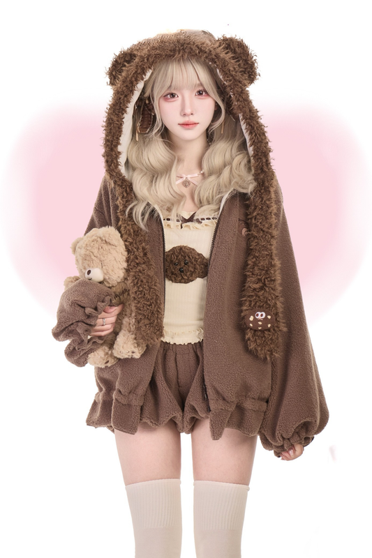 Bear Jacket + Moss Knit Suspender Top + Shorts