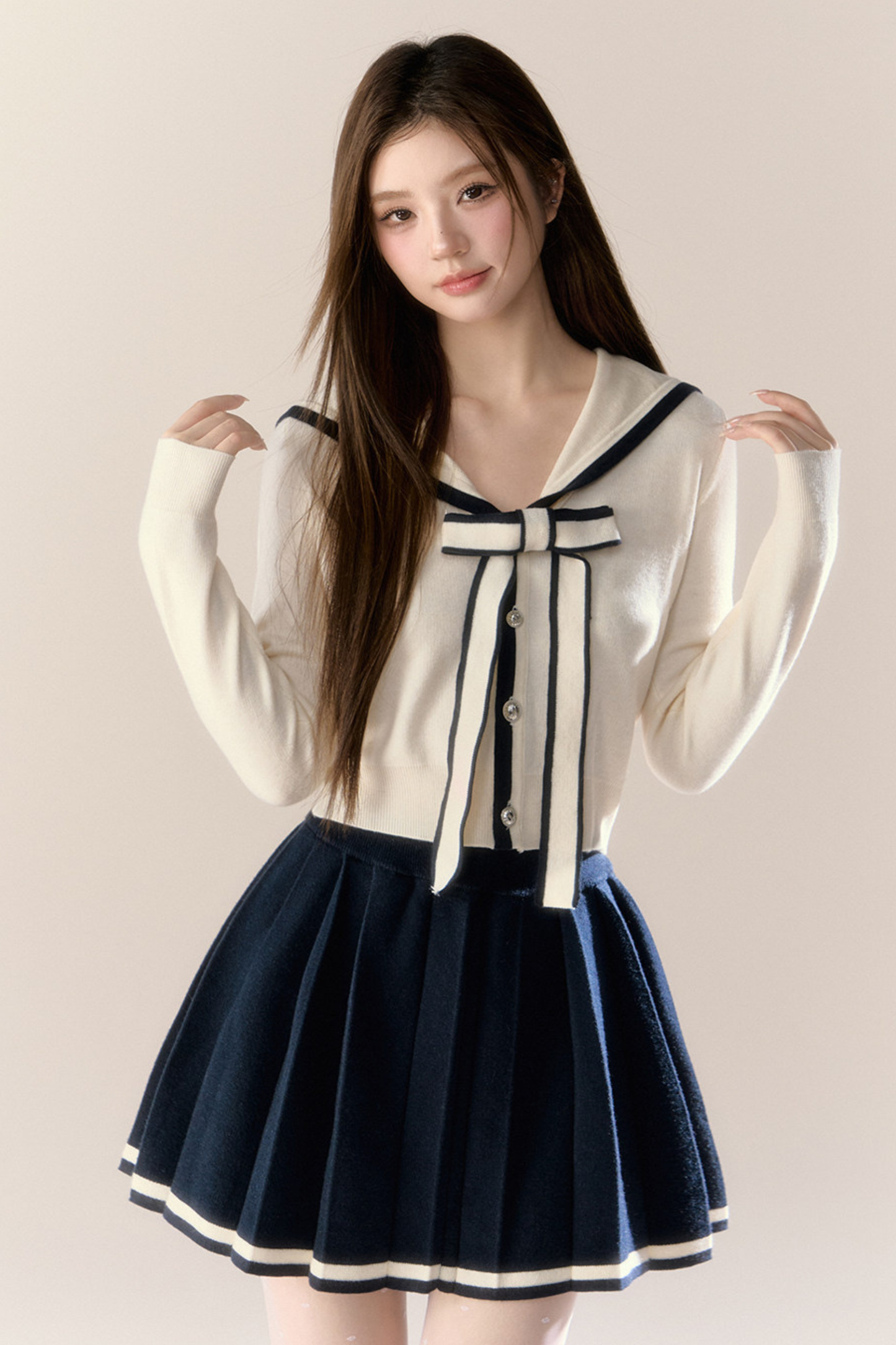 Sailor Ribbon Cardigan + Pleated Skirt