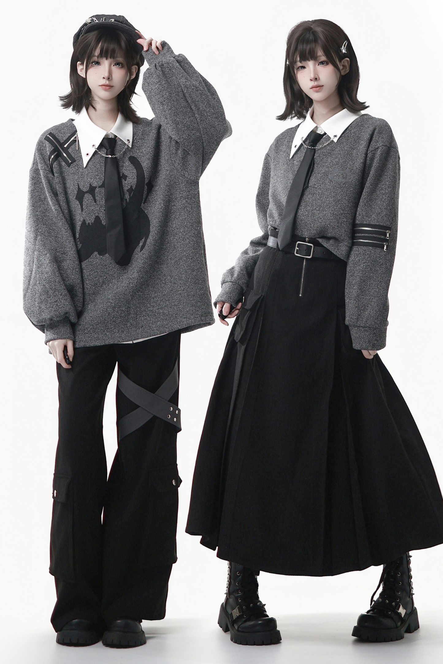 Gray Winter Preppy College Long Top + Short Top + Skirt + Pants + Shirt