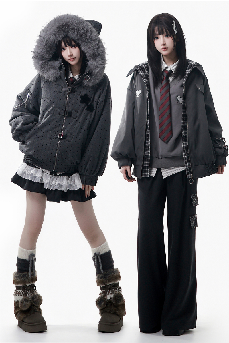 Big Fur Collar Jacket + Top + Skirt + Pants + Plaid Hooded Jacket