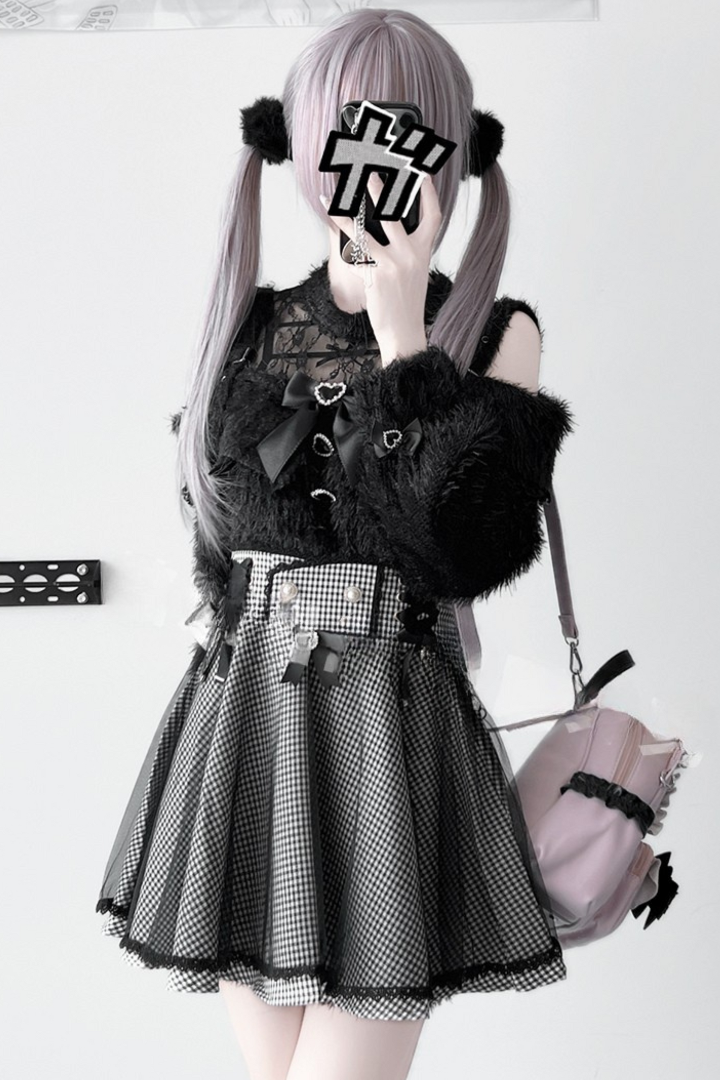 [pre-order] Jirai Lace Ribbon Long Black Sweater + Short Skirt