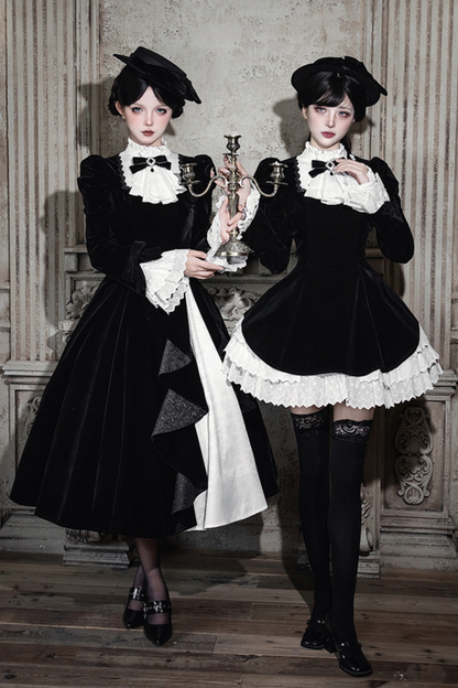 Slim Contrast Color Twin Dress + Collar + Bow + Brooch + Hat