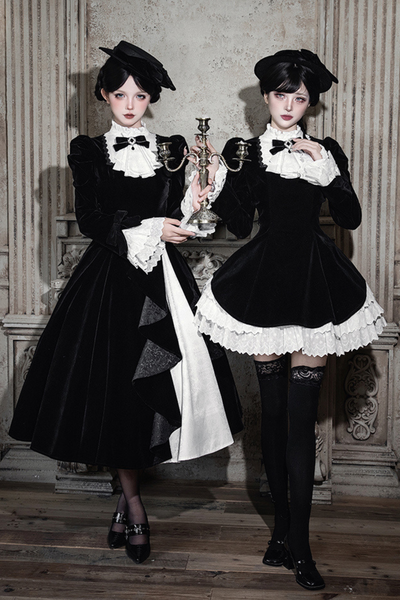 Slim Contrast Color Twin Dress + Collar + Bow + Brooch + Hat