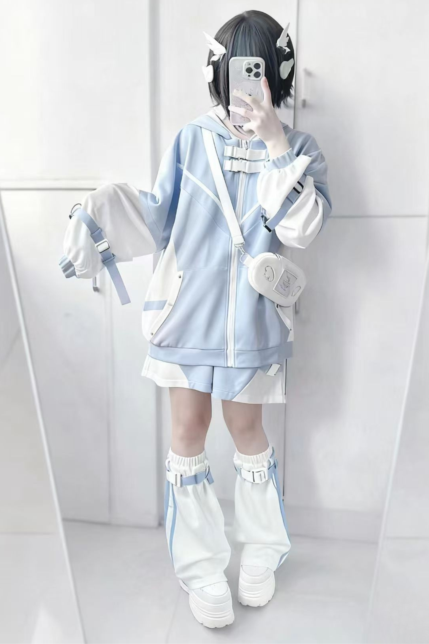 [angel Style] Subculture Aqua Hoodie Top + Shorts + Leg Covers