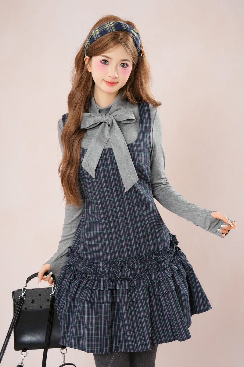 Dark French Ruffle Plaid Sleeveless Dress + Shirt