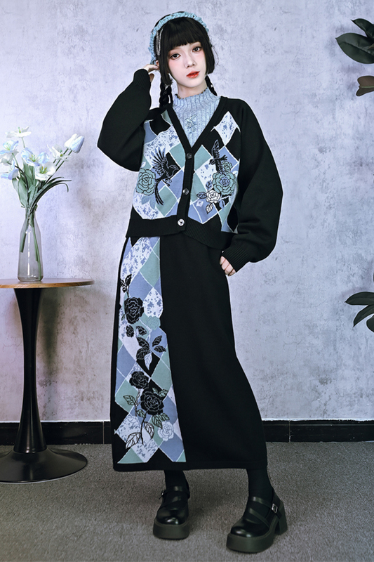 Argyle Cardigan + Asymmetric Skirt