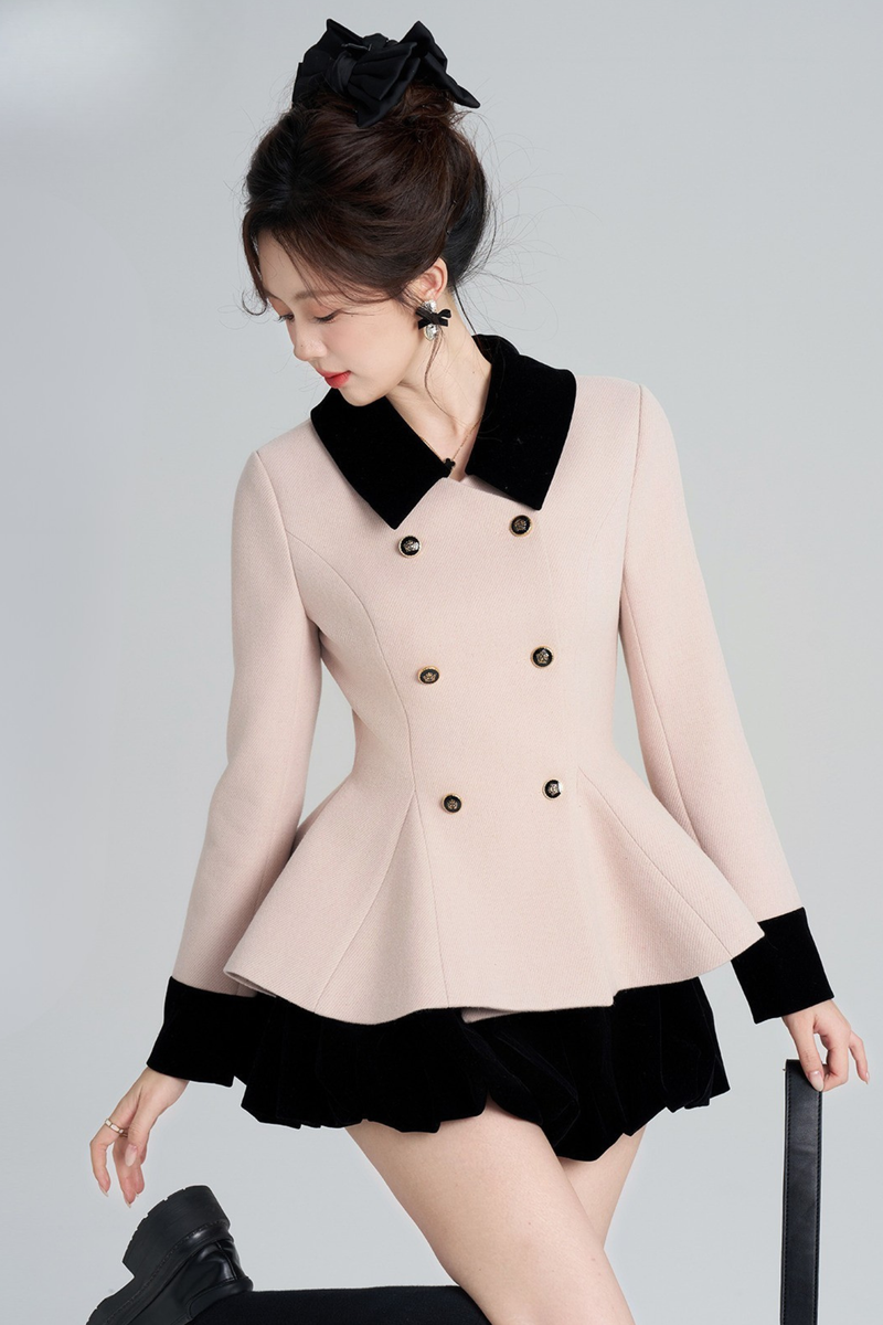 French Sweet Pink Flare Coat + Skirt