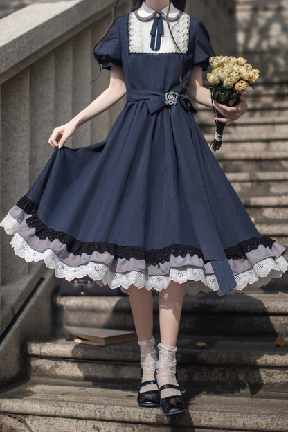 [pre-order] Retro Navy Blue Dress + Slim Ribbon + Brooch