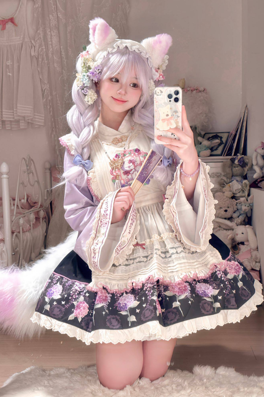 Chinese-style Lolita Top + Skirt + Apron + Headband + Bonnet