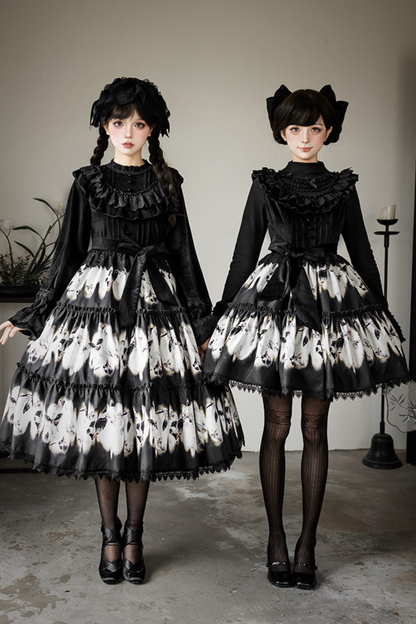 Butterfly Print Swing Lolita Dress + Jumper Skirt + Hairband + Innerwear + Ribbon
