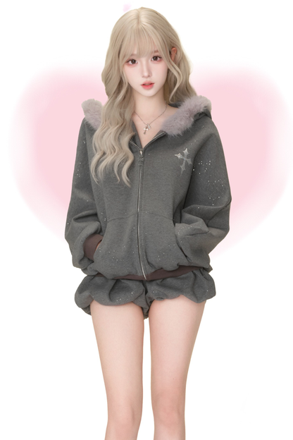 Cross Fur Hooded Jacket + Pants