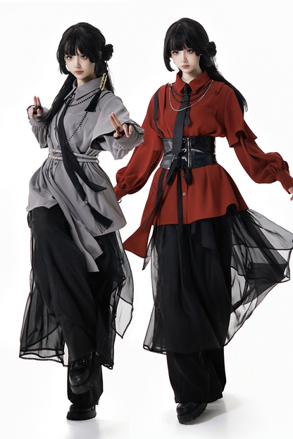 Chinese-style Top + Chiffon Pants + Corset