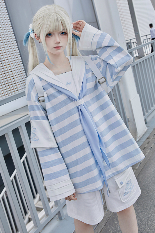 [angel Style] [pre-order] Striped Sailor Collar Subculture Top + Shorts