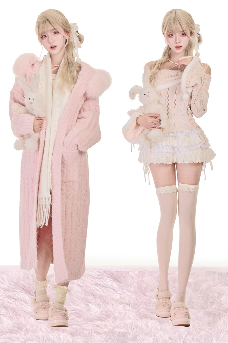 Mist Powder Knit Top + Knit Long Coat + Tiered Skirt