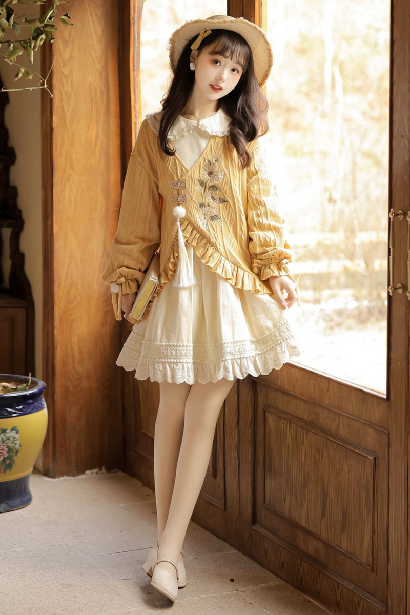 Retro Flower Chinese-style Cardigan + Flared Doll Collar Dress