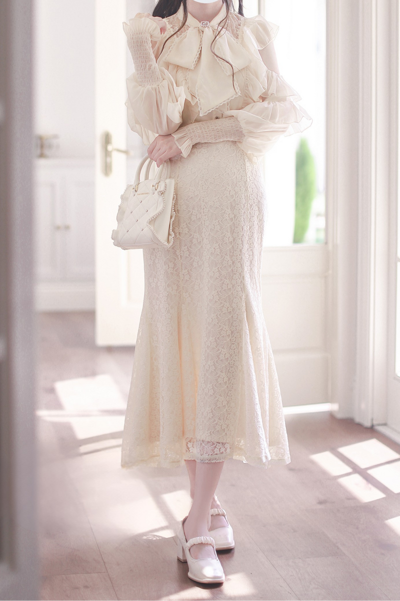 Sheer Chiffon Big Ribbon Shirt + Mermaid Skirt