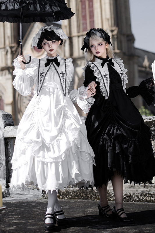 Gothic Doll Multi-tiered Dress + Belt + Fake Collar + Hairband