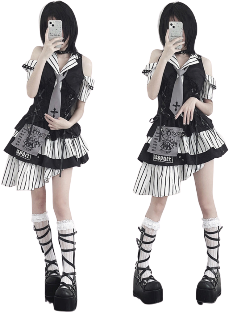 Code Rabbit Original Off Shoulder Striped Shirt + Asymmetric Striped Tiered Skirt + Cross Necktie