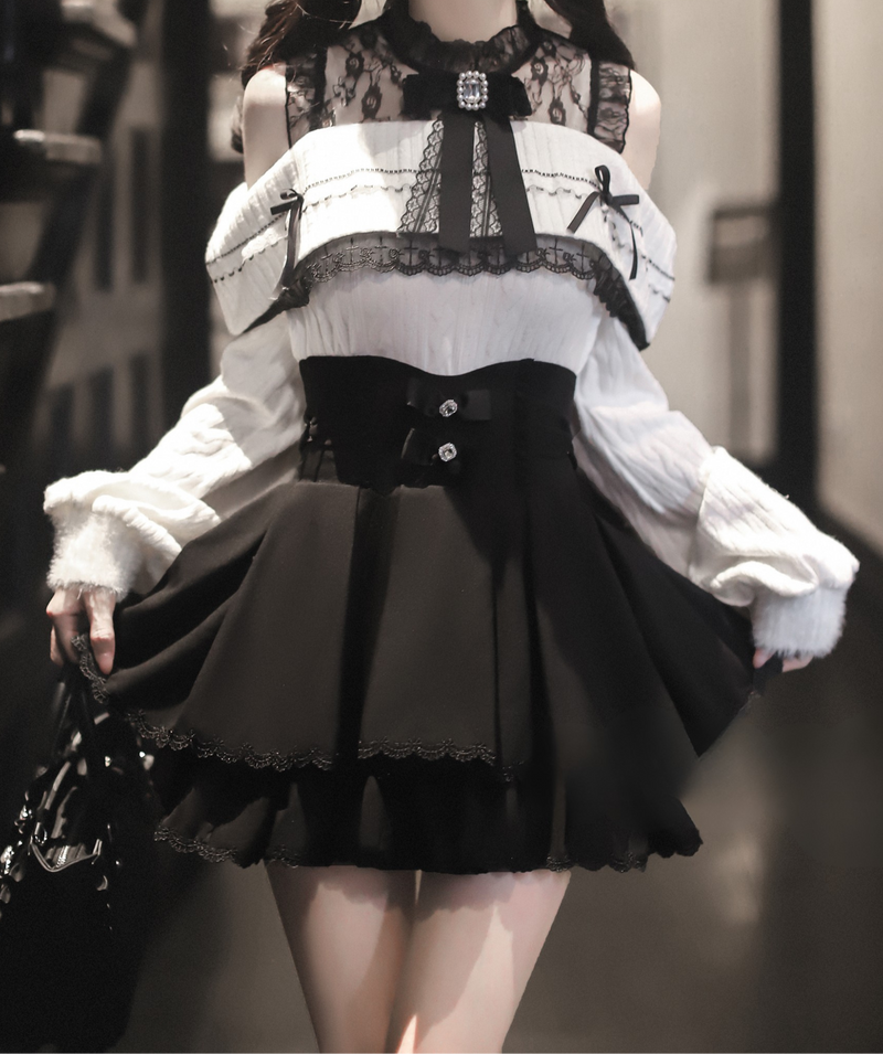 Ribbon Knit Off the Shoulder + Mermaid Skirt + Short Skirt + Ribbon