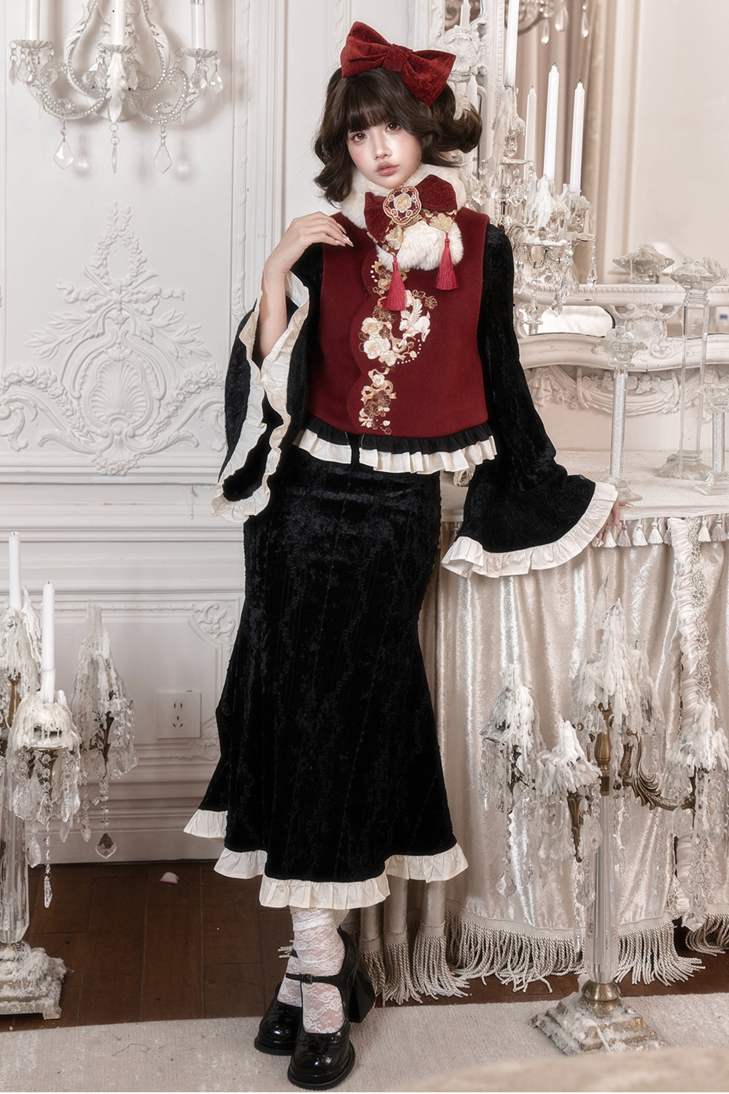 Retro Fish Tail Chinese-style Dress + Vest + Fur Scarf