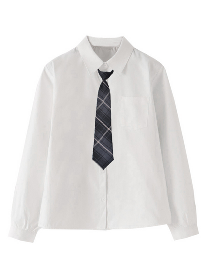 Plaid Necktie Shirt + Double-breasted Vest + Asymmetric Pleated Skirt
