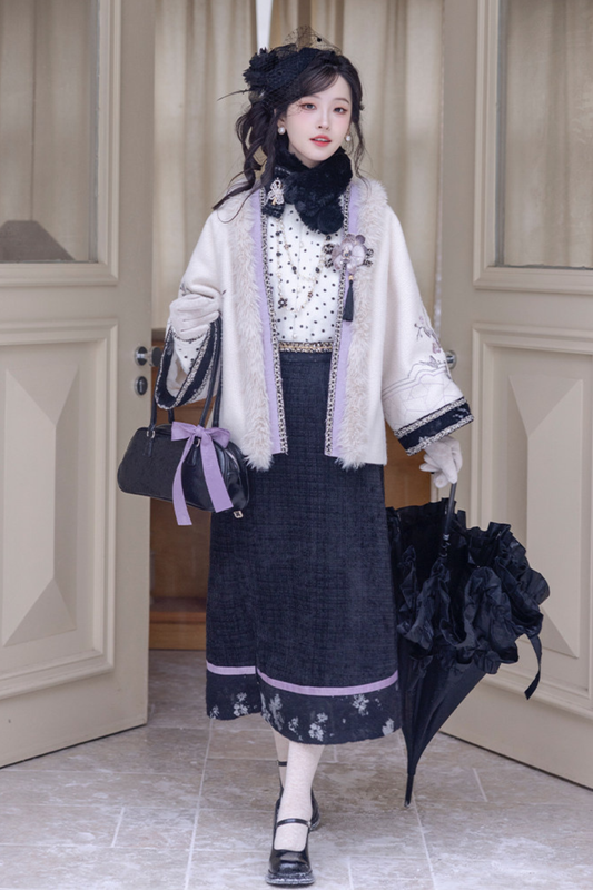 Butterfly Ink Dot Jacket + Top + Long Skirt + Brooch