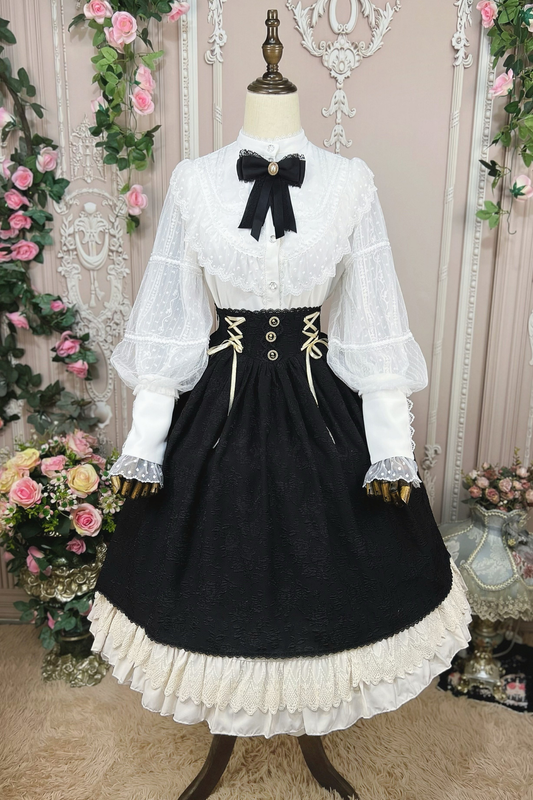 Retro Lolita Shirt + Lace-up High-waist Lolita Skirt