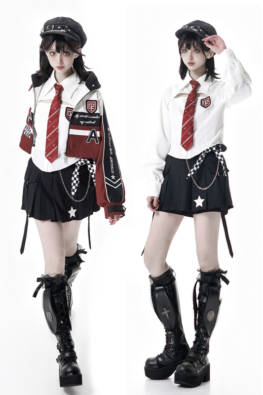Biker Jacket + Shirt With Tie + Skirt + Belt