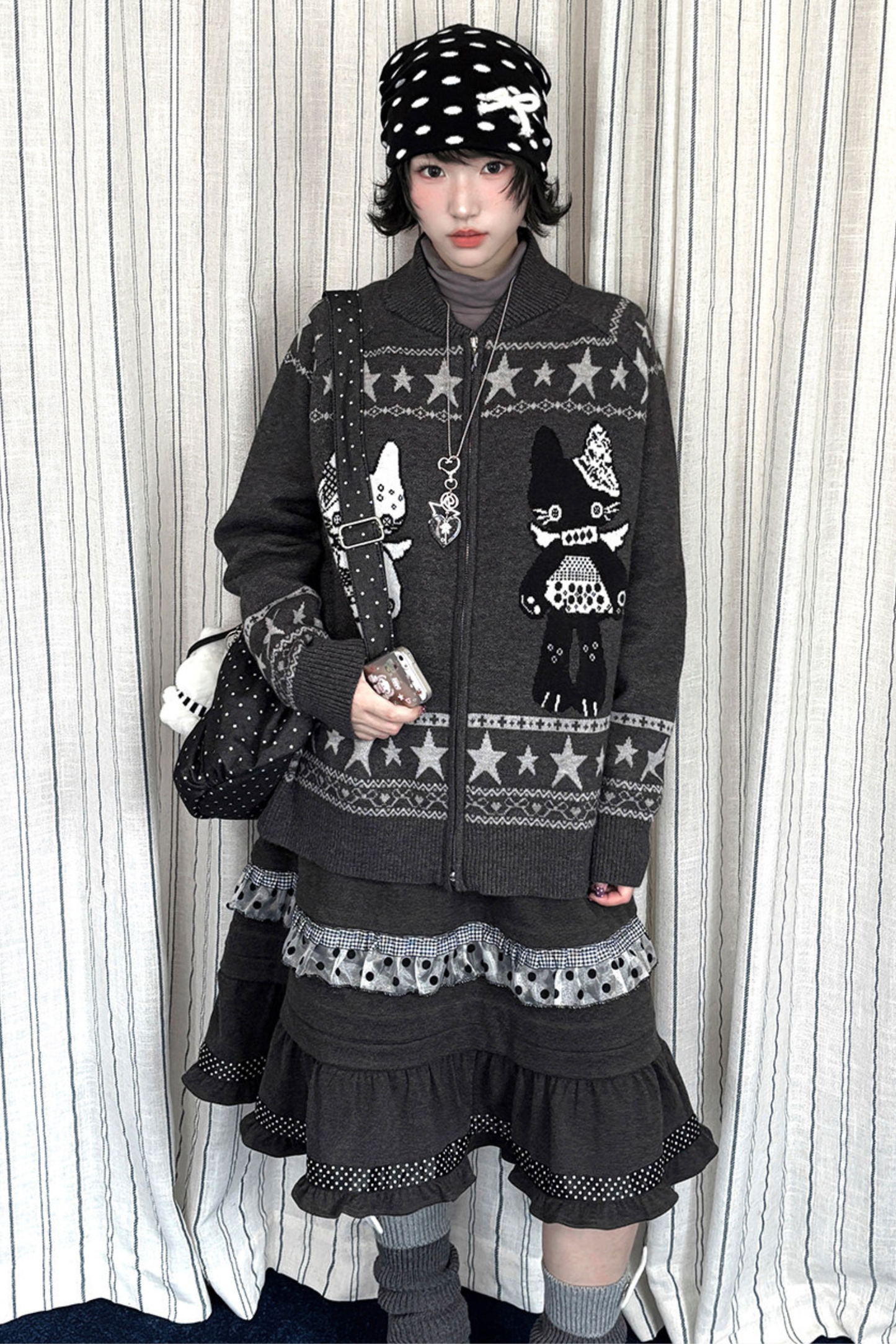 Y2k Jacquard Cardigan + Flared Skirt