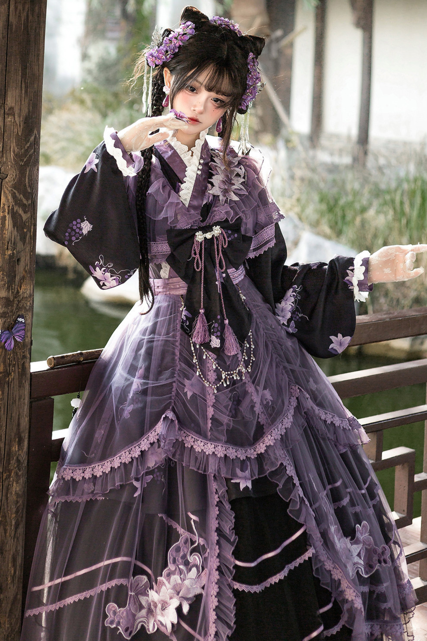 Chinese-style Purple Dress + Outer Dress + Long Skirt