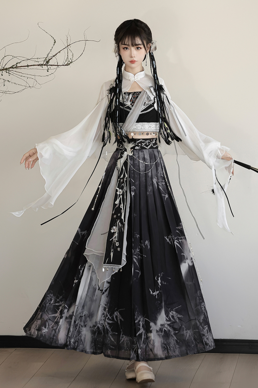 Retro Dark China Skirt + Camisole + Sheer Coat