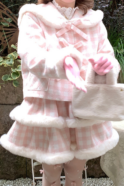 Peach Plaid Sweet Bow Coat + Plaid Tight Skirt + Fur Plaid Skirt