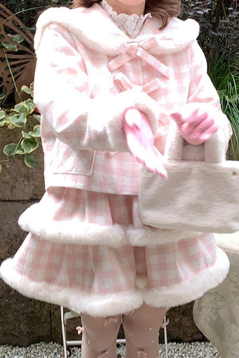 Peach Plaid Sweet Bow Coat + Plaid Tight Skirt + Fur Plaid Skirt
