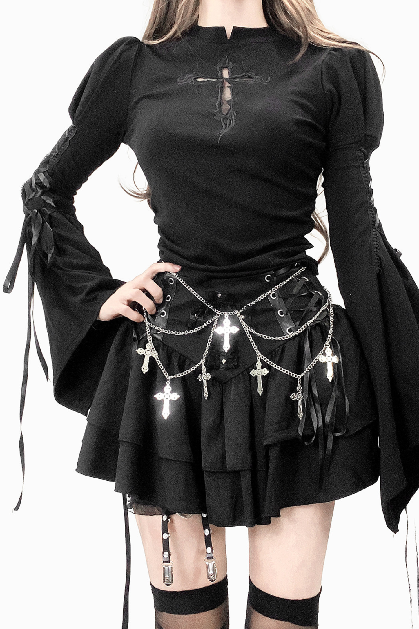 Gothic Lace Up Bell Sleeve Top