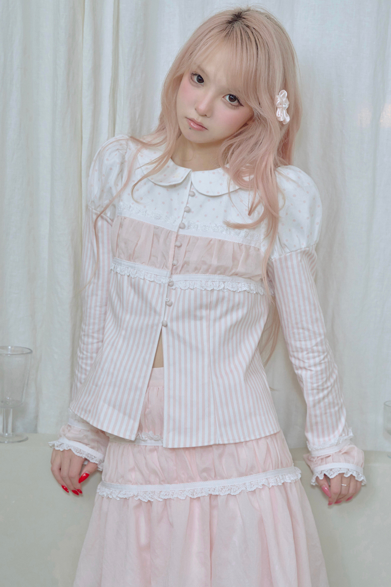 Striped Doll Collar Puff Sleeve Shirt