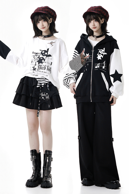 Striped Rock Print Hoodie Jacket + Tops + Long Pants + Skirt