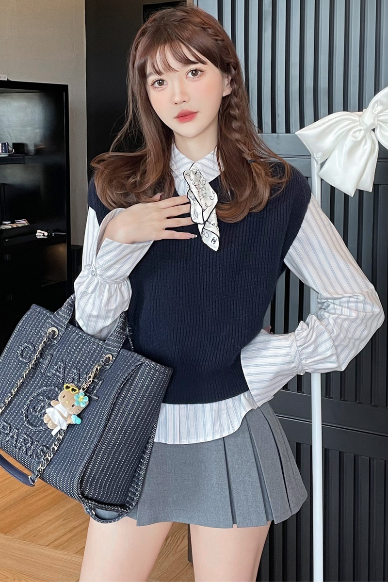 Fur Knit Vest + Striped Shirt