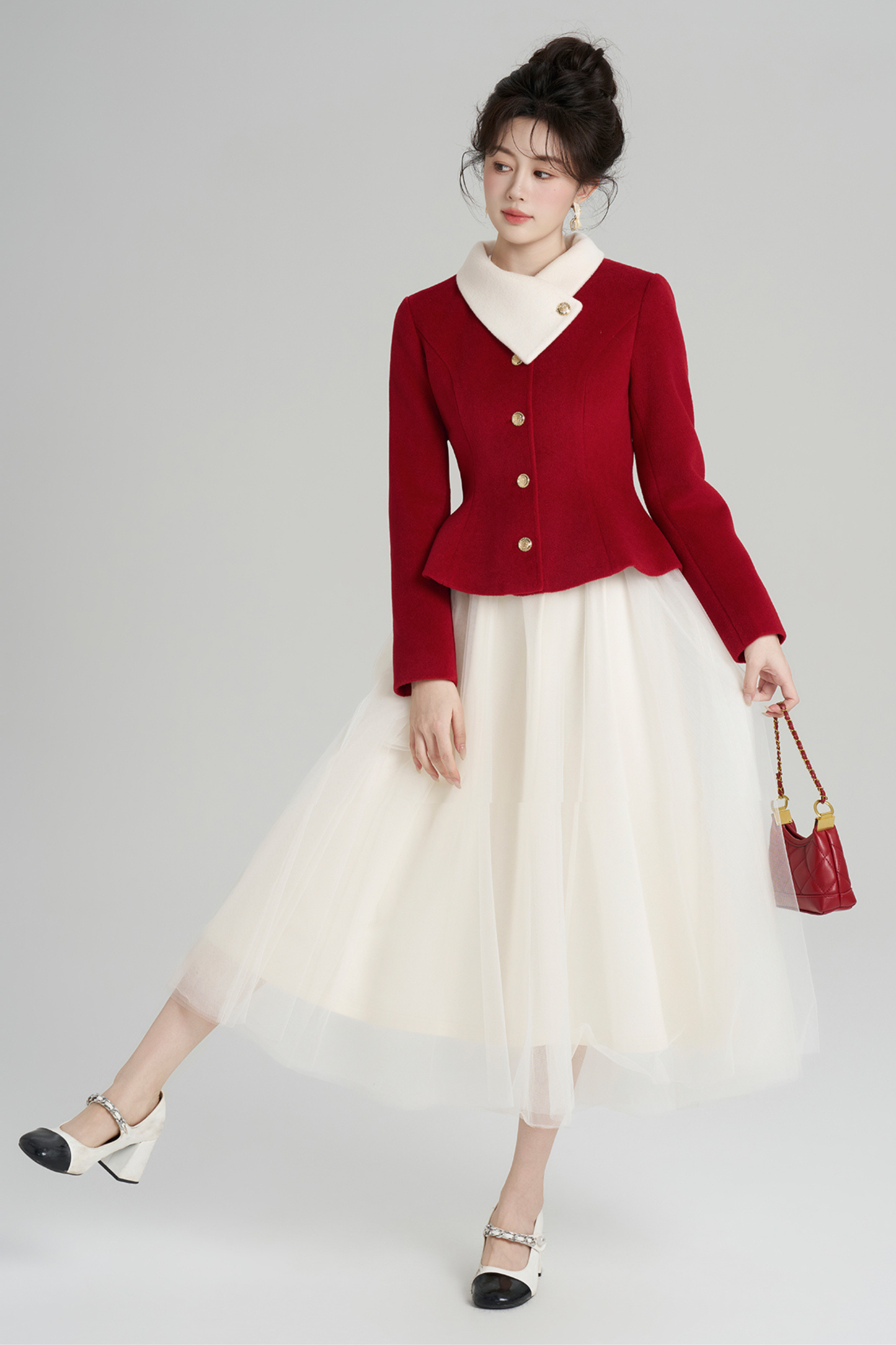 Red Wool Waist Cinching Coat + Long Dress