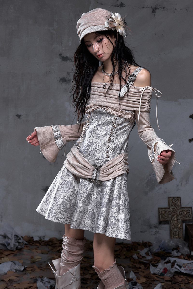 Retro Punk Off Shoulder Patchwork Dress