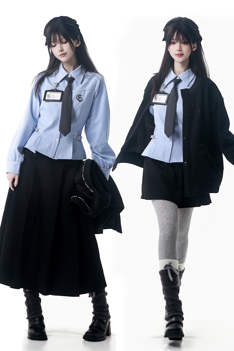 College Blue Shirt + Cardigan + Short Skirt + Long Skirt