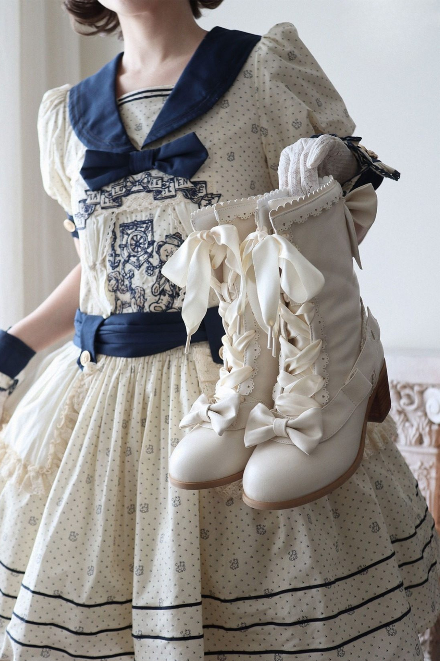 Ribbon Lace Up Mid Calf Boots